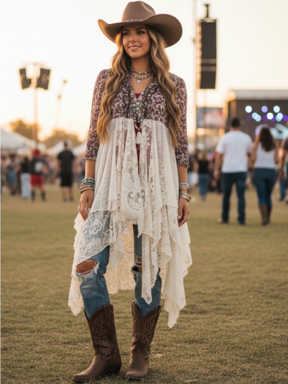Floral Linen Asymmetric Ivory Lace Maxi Top - Boho Western OOAK